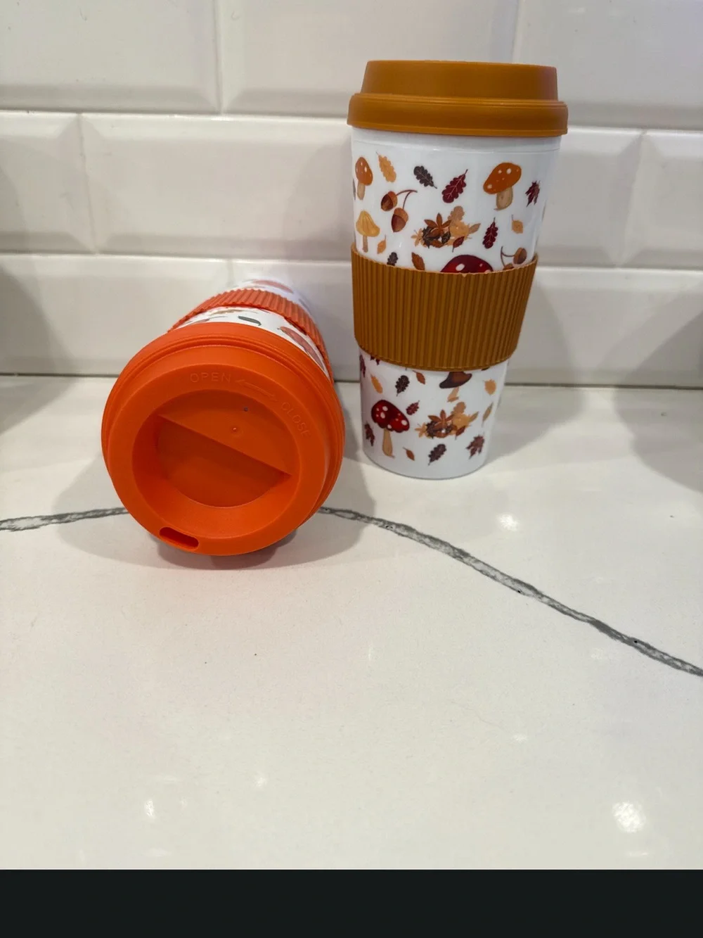 Autumn Pumpkin & Mushroom Reusable Travel Cups with Orange and Mustard Sleeves